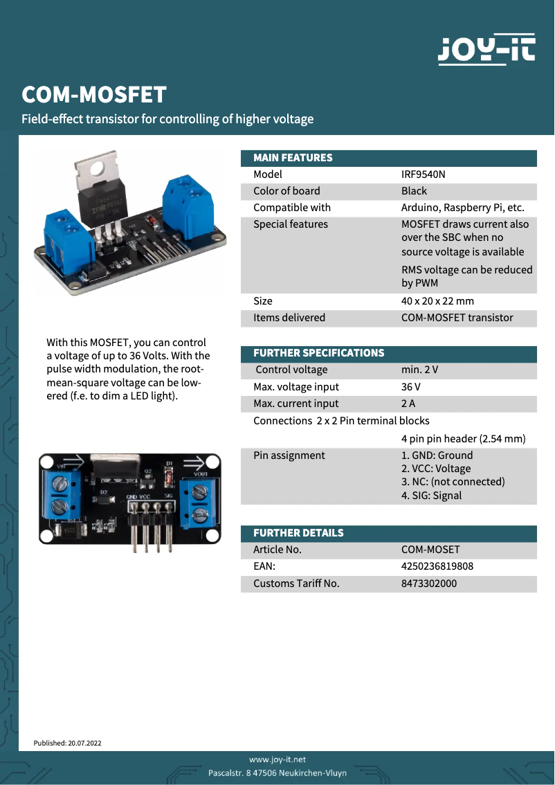 Page 1 de la notice Fiche technique Joy-It COM-MOSFET