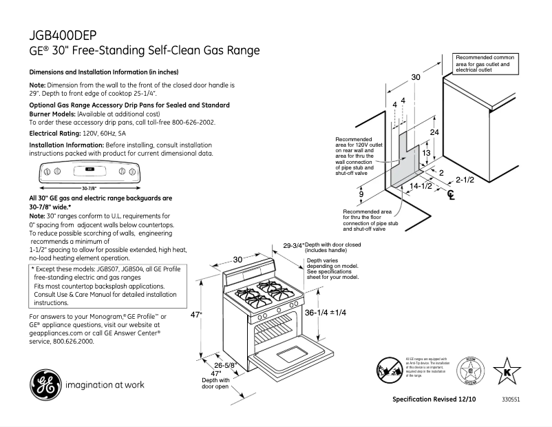 Page 1 de la notice Fiche technique GE JGB400DEPBB
