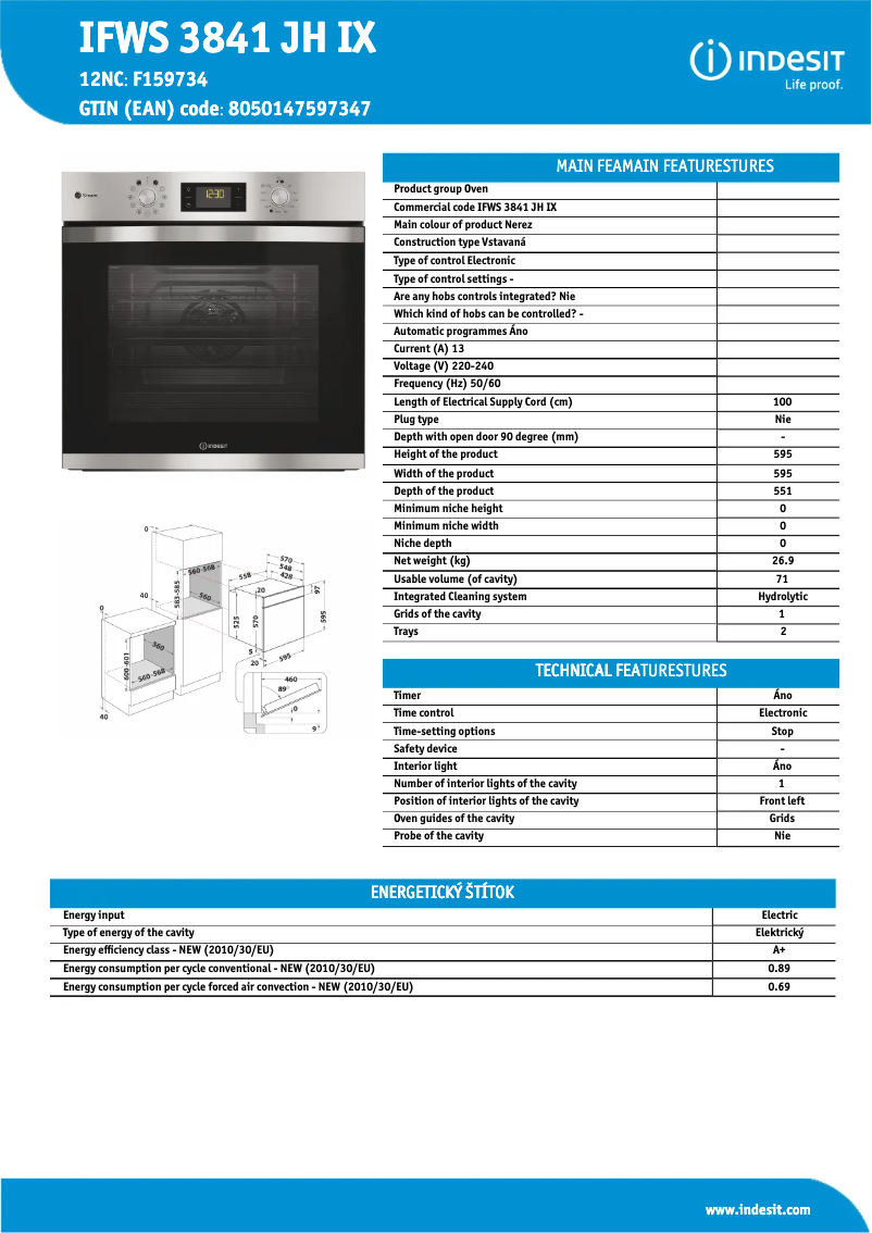 Page 1 de la notice Fiche technique Indesit IFWS 3841 JH IX