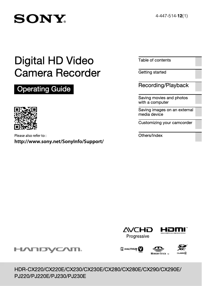 Page 1 de la notice Manuel utilisateur Sony HDR-CX290