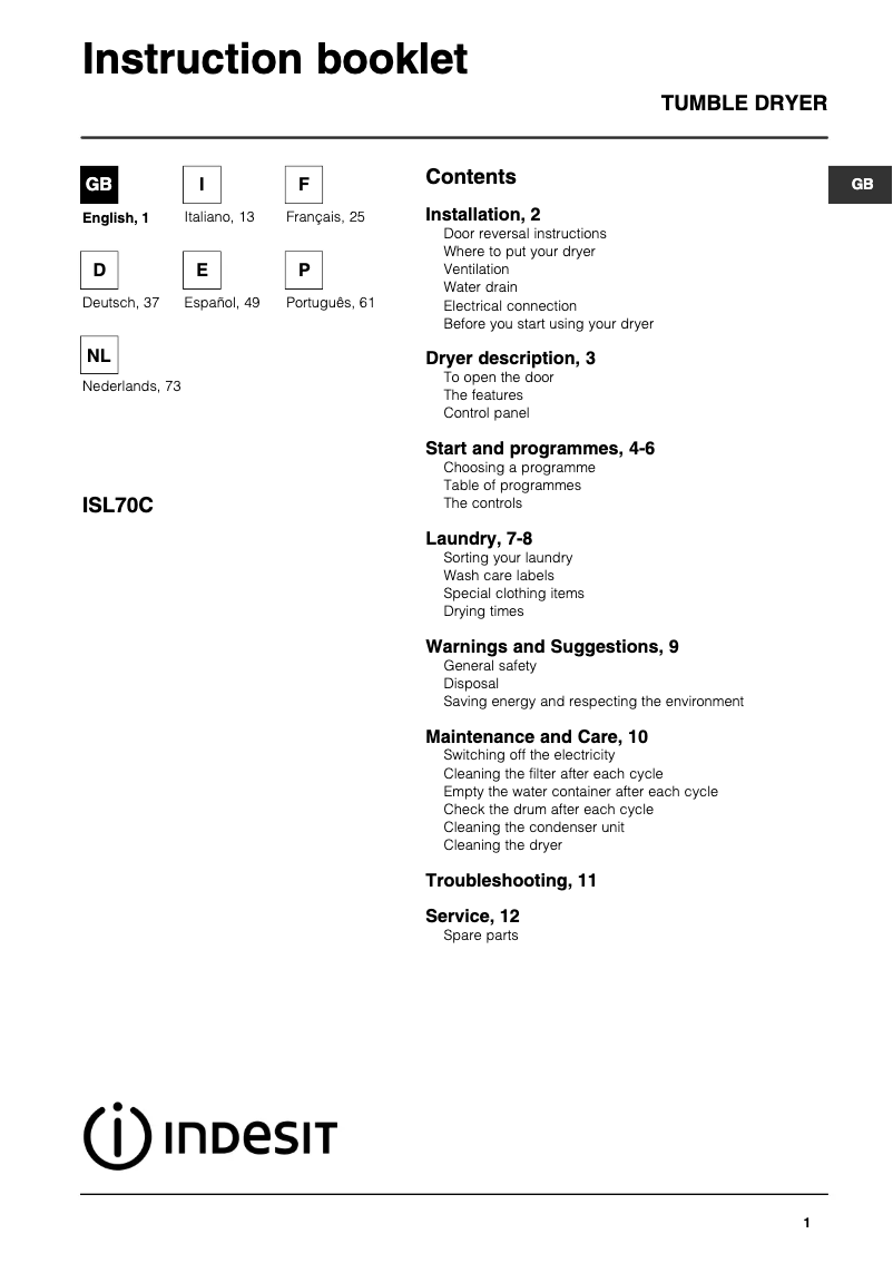Page 1 de la notice Manuel utilisateur Indesit ISL 70 C