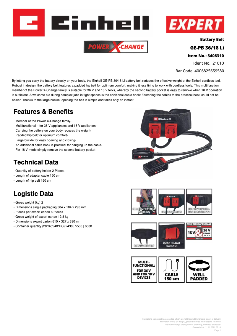Page n°1 - Fiche technique Einhell GE-PB 36/18 Li