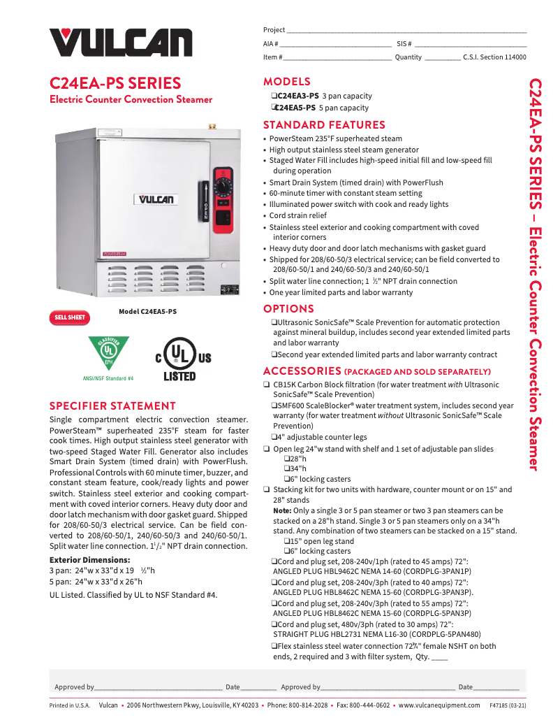 Page 1 de la notice Fiche technique Vulcan C24EA3 PS