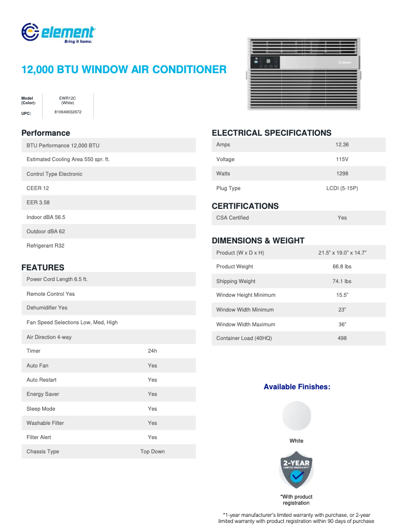 Page 1 de la notice Fiche technique Element EWR12C