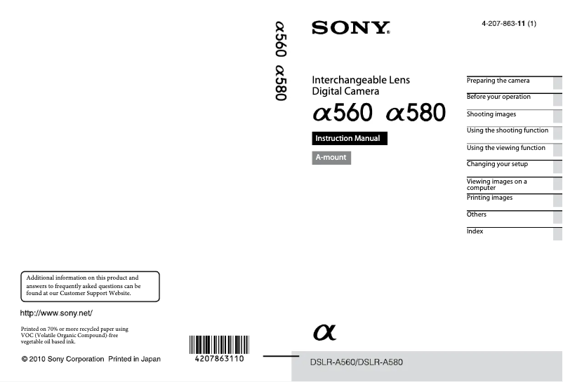Page 1 de la notice Manuel utilisateur Sony Alpha a560