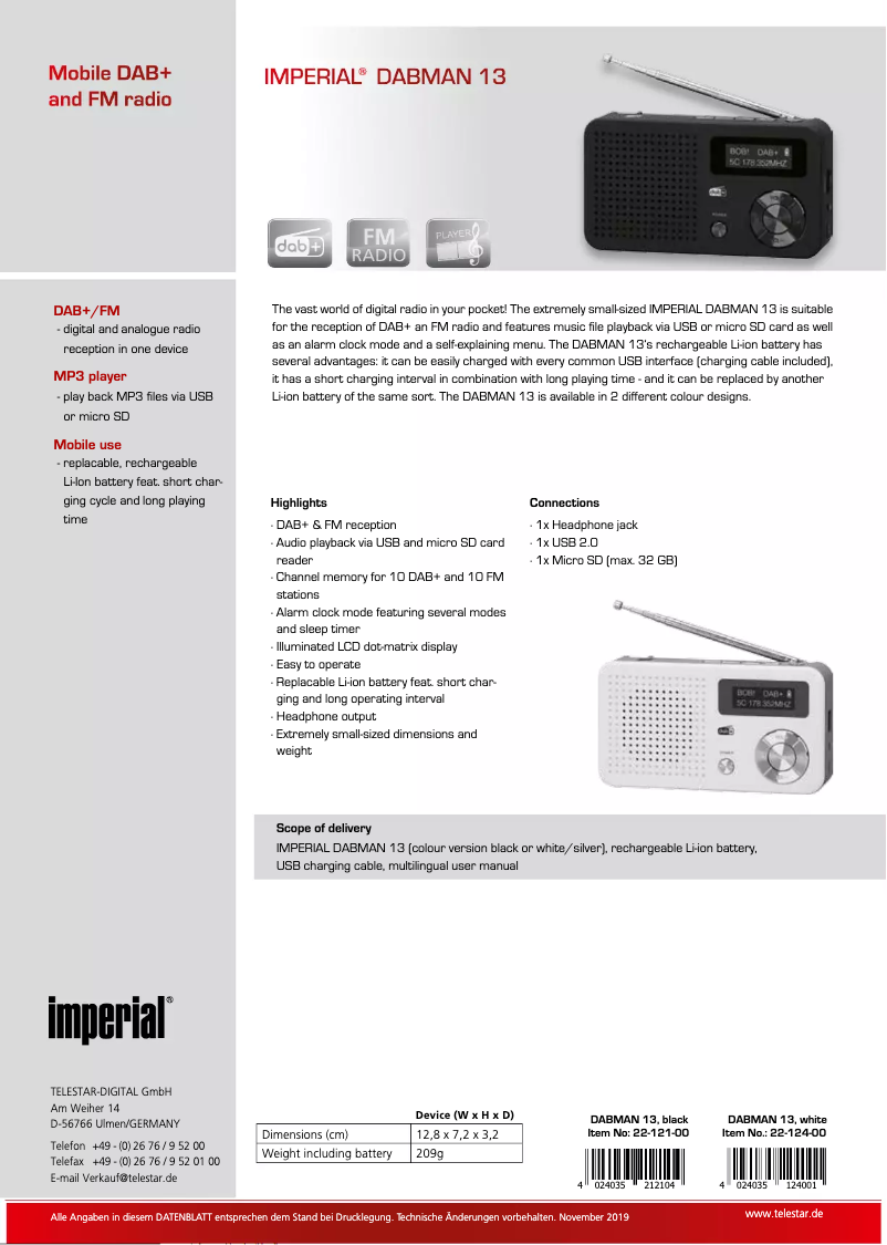 Page 1 de la notice Fiche technique Imperial Dabman 13