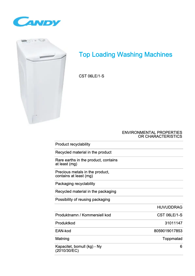 Page 1 de la notice Fiche technique Candy CST 06LE/1-S
