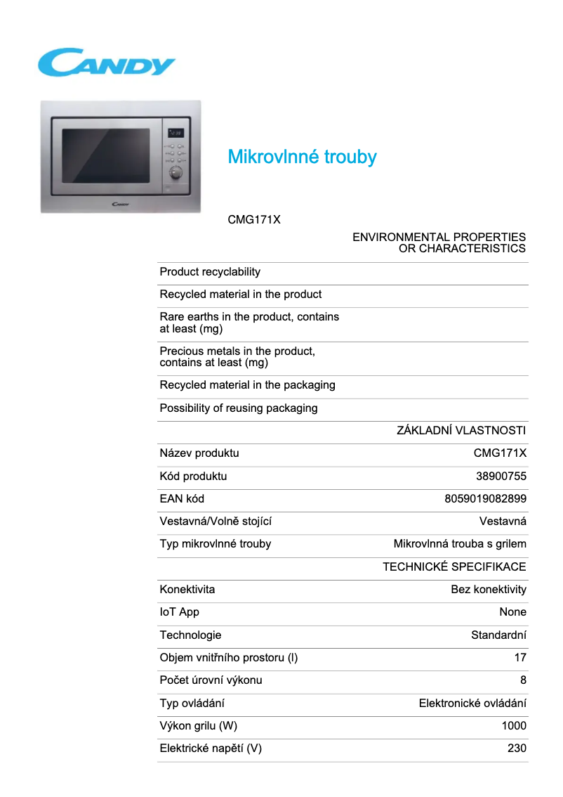 Page 1 de la notice Fiche technique Candy CMG171X