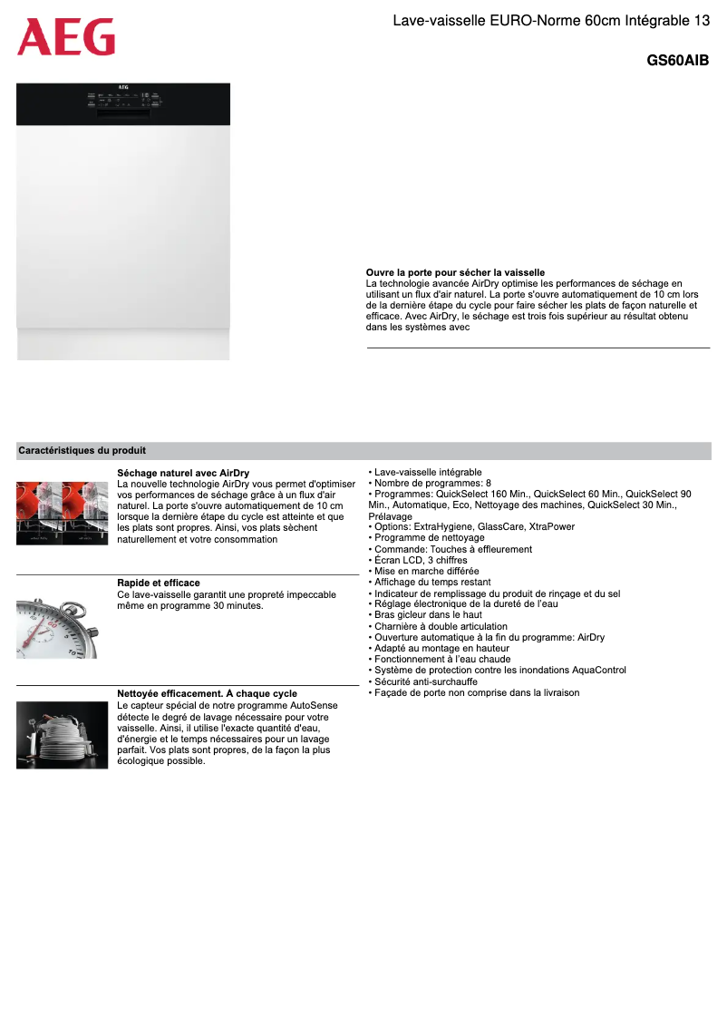 Page 1 de la notice Fiche technique AEG GS60AIB