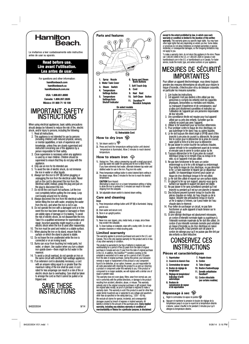 Page 1 de la notice Manuel utilisateur Hamilton Beach Durathon 19900