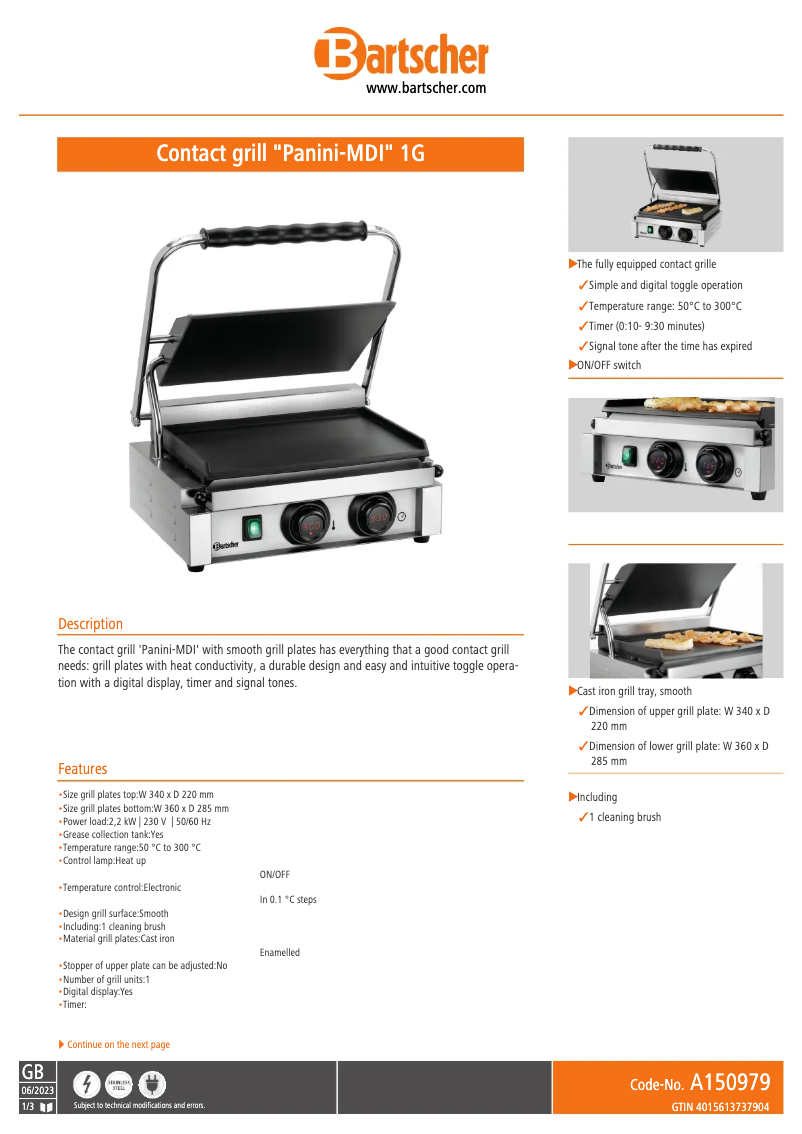 Page n°1 - Fiche technique Bartscher Panini 1G