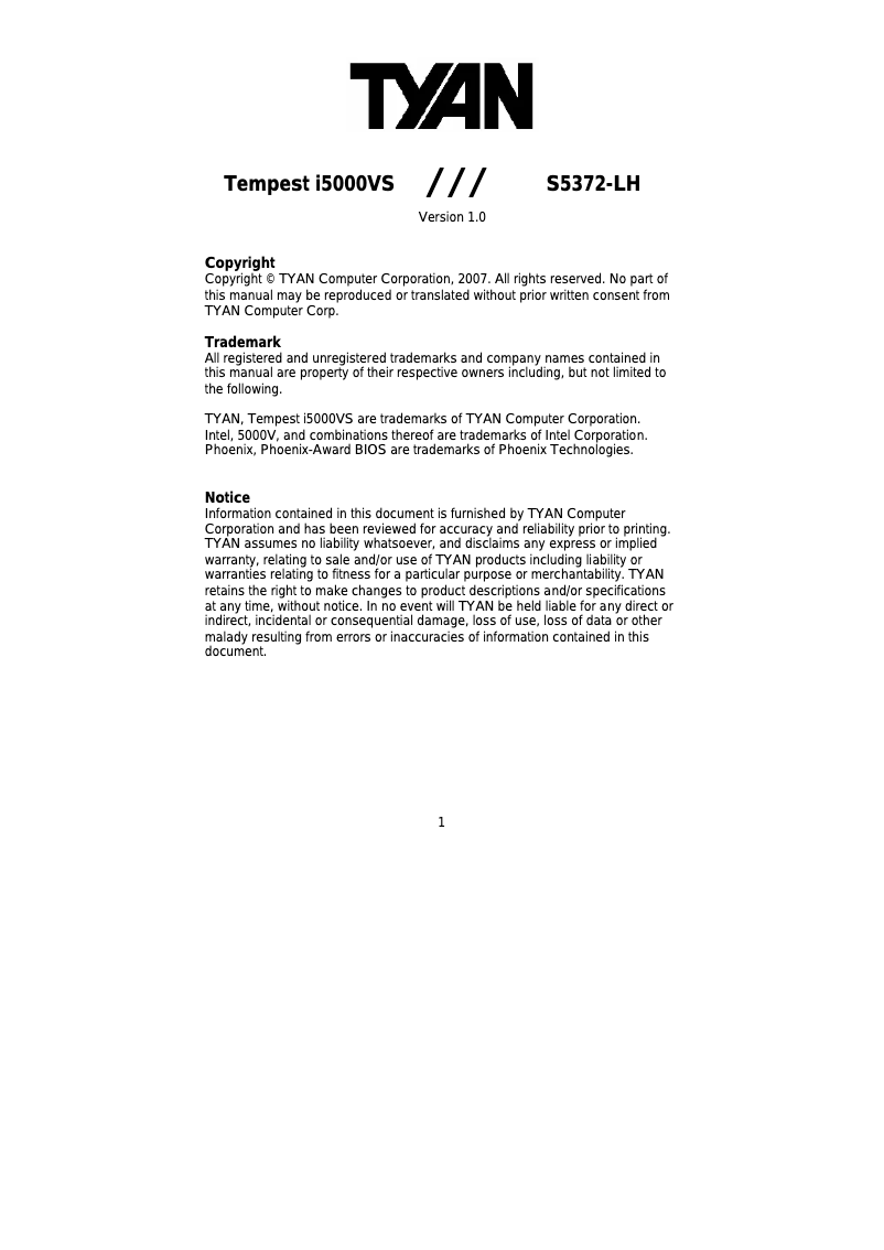 Page 1 de la notice Manuel utilisateur Tyan S5372-LH