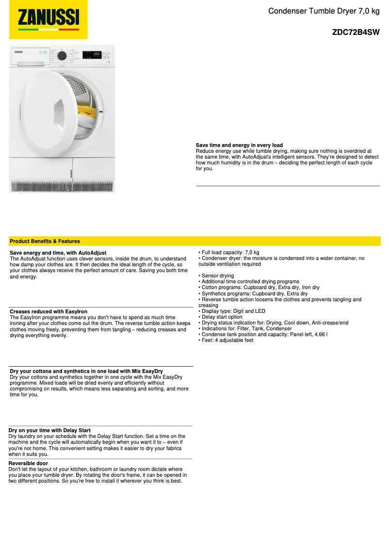 Page n°1 - Fiche technique Zanussi ZDC72B4SW