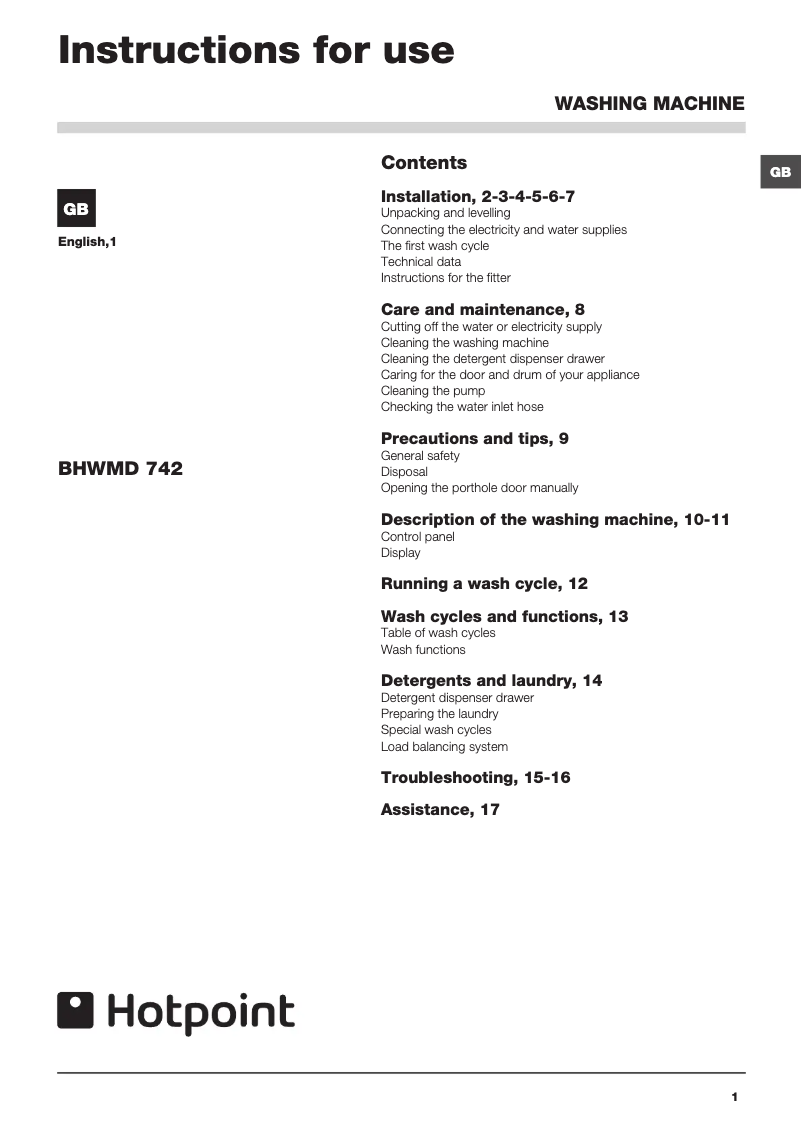 Page n°1 - Manuel utilisateur Hotpoint BHWMD 742 (UK)