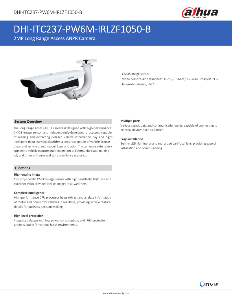 Page n°1 - Fiche technique Dahua Technology ITC237-PW6M-IRLZF1050-B