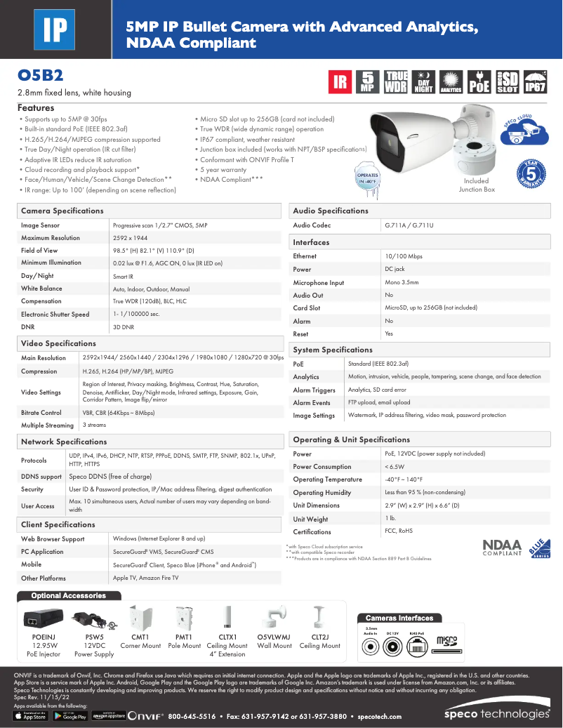 Page 1 de la notice Fiche technique Speco Technologies O5B2