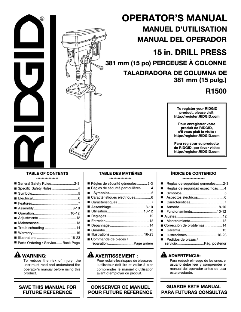 Page 1 de la notice Manuel utilisateur Ridgid R1500