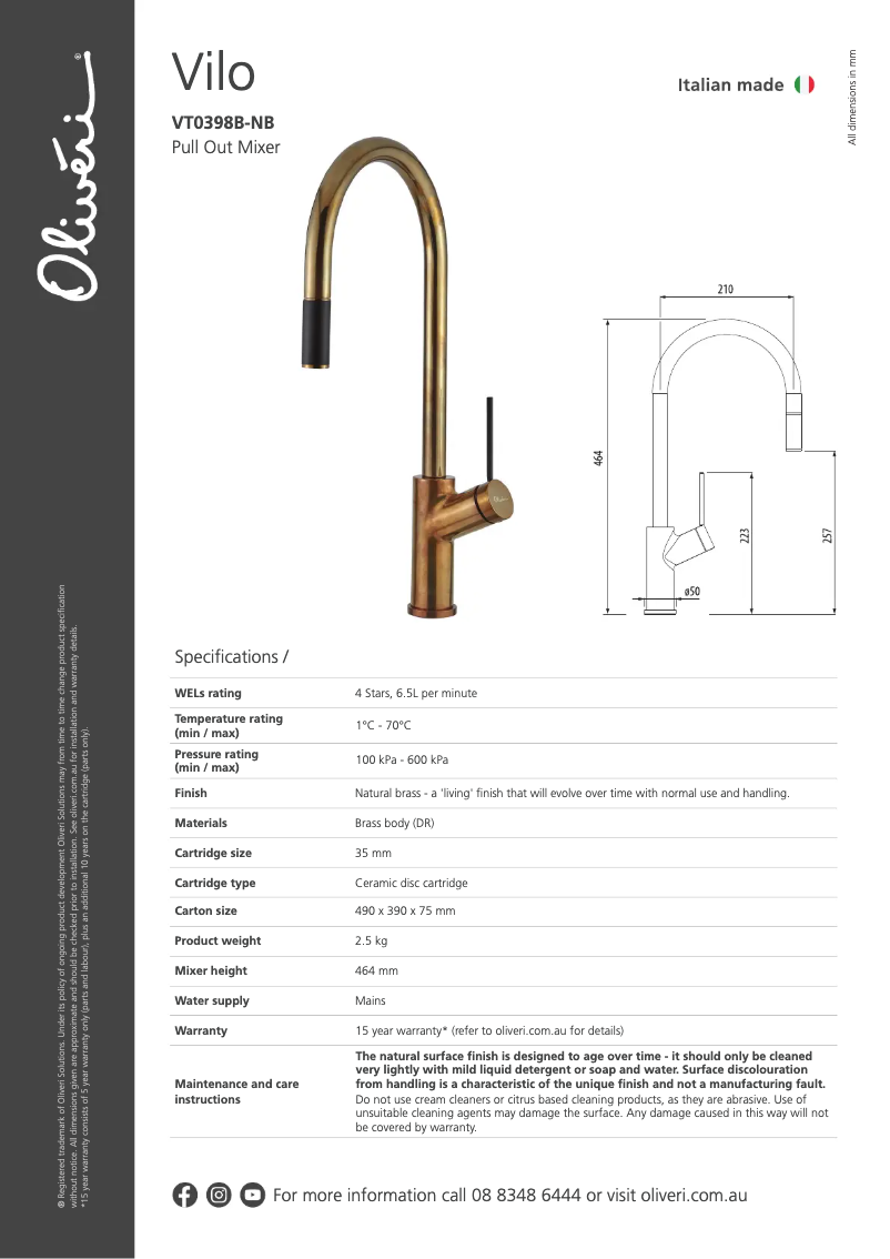 Page 1 de la notice Fiche technique Oliveri VT0398
