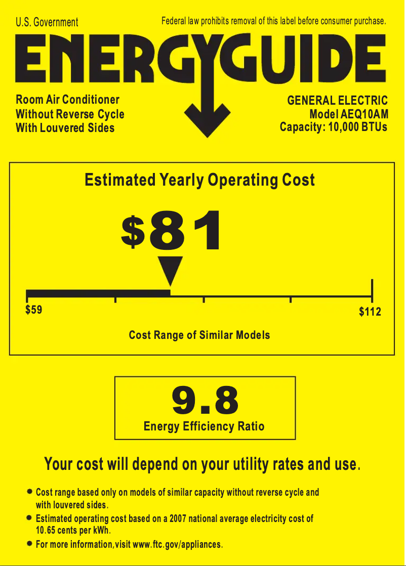 Page 1 de la notice Label énergétique GE AEQ10AM