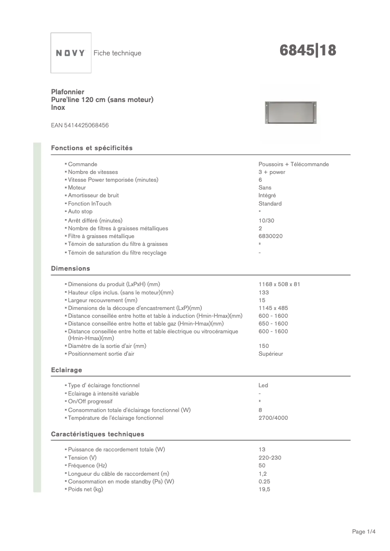 Page 1 de la notice Fiche technique Novy Pure'line 6845