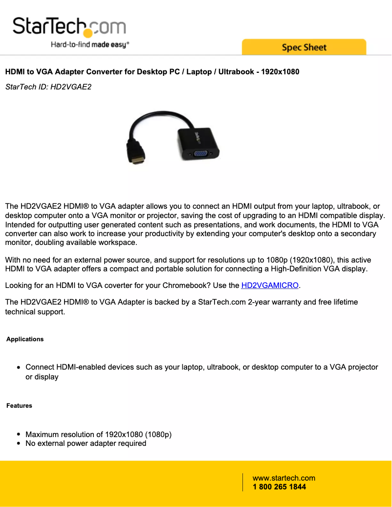 Page 1 de la notice Fiche technique StarTech.com HD2VGAE2