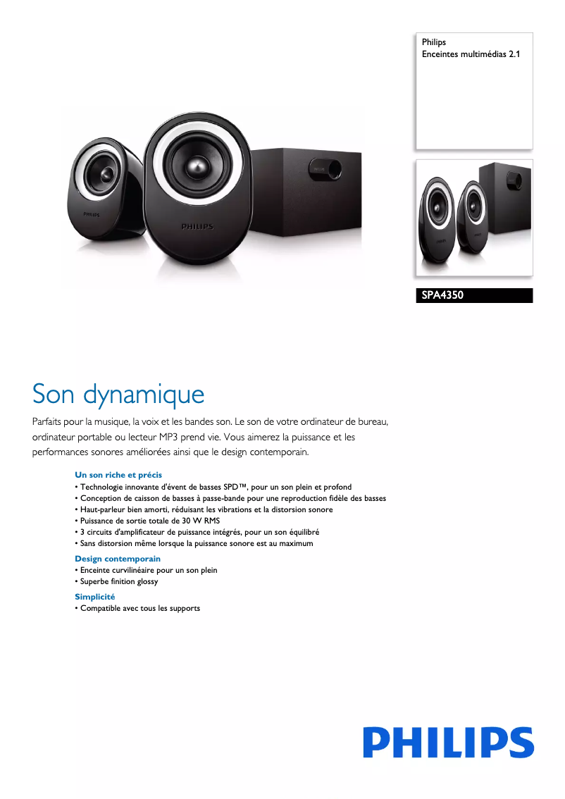 Page 1 de la notice Fiche technique Philips SPA4350
