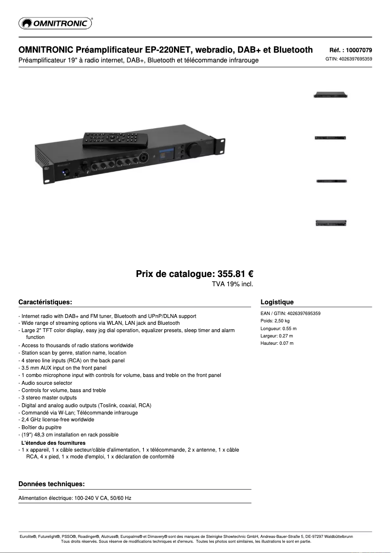 Page 1 de la notice Fiche technique Omnitronic EP-220NET