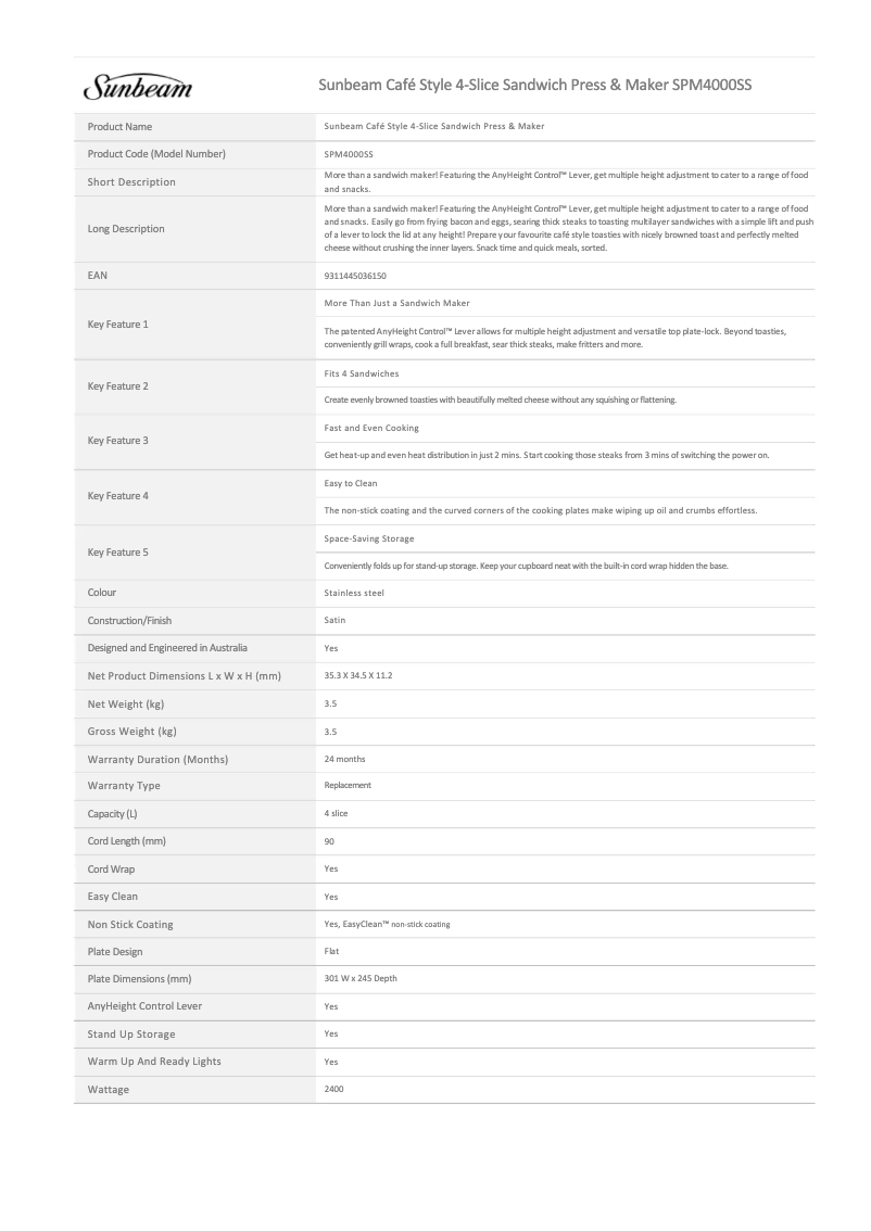 Página 1 del manual Ficha técnica Sunbeam Cafe Style SPM4000SS