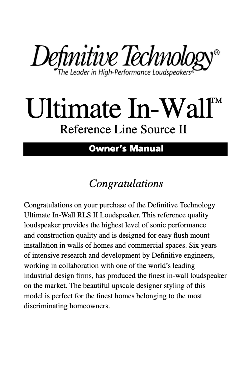 Page 1 de la notice Manuel utilisateur Definitive Technology UIW RLS II