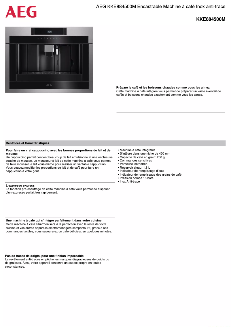 Página 1 del manual Ficha técnica AEG KKE884500M