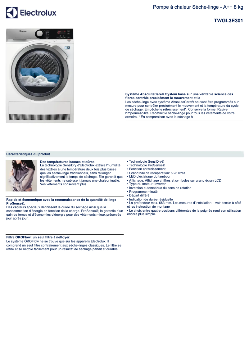 Page 1 de la notice Fiche technique Electrolux TWGL3E301