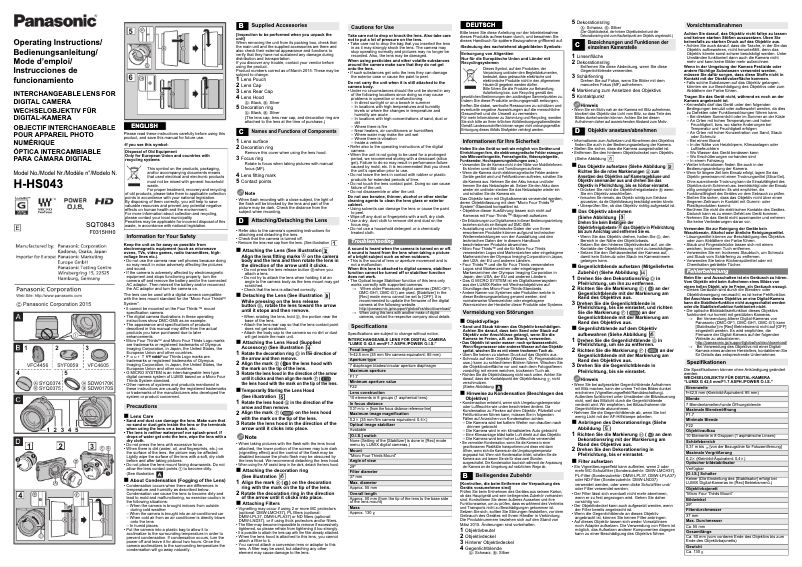 Page 1 de la notice Manuel utilisateur Panasonic Lumix G 42,5mm f/1.7 ASPH O.I.S.