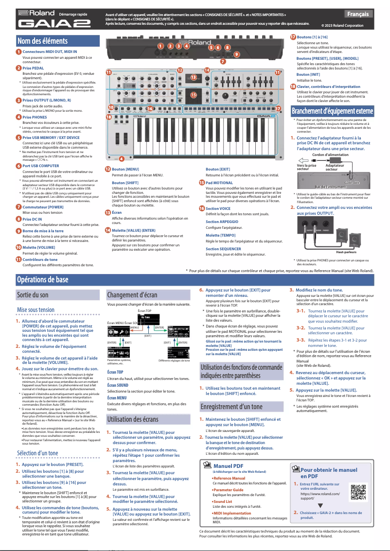 Page 1 de la notice Guide de démarrage rapide Roland GAIA 2