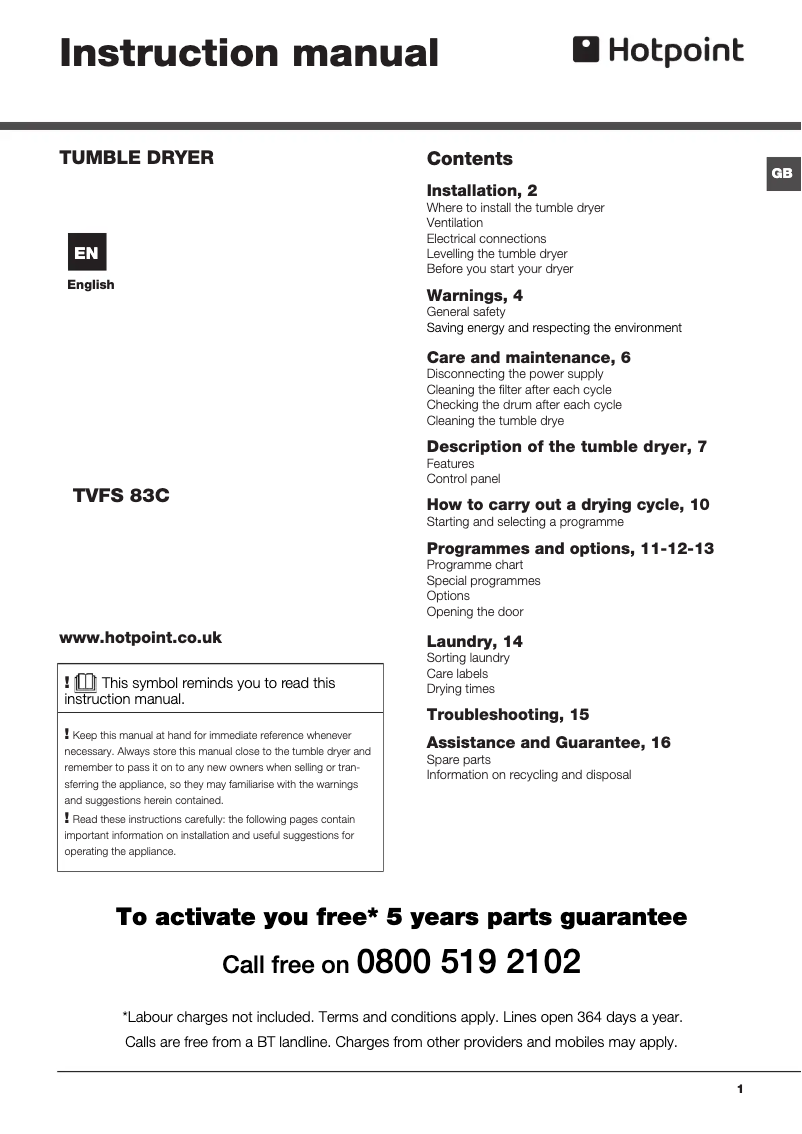 Page 1 de la notice Manuel utilisateur Hotpoint TVFS 83C GP Aquarius