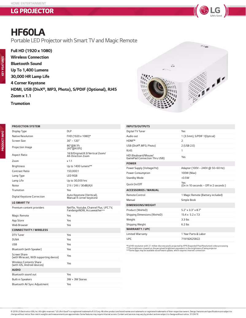 Page 1 de la notice Fiche technique LG HF60LA