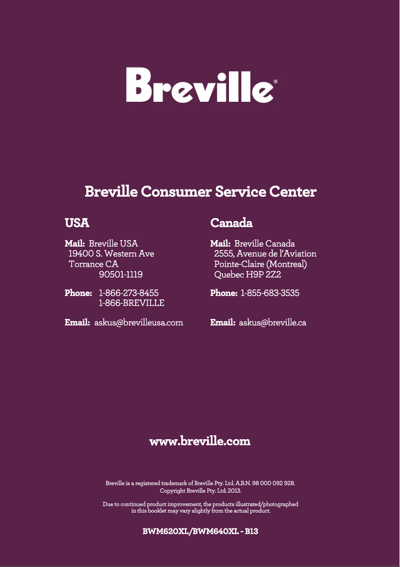 Page 1 de la notice Manuel utilisateur Breville BWM620XL