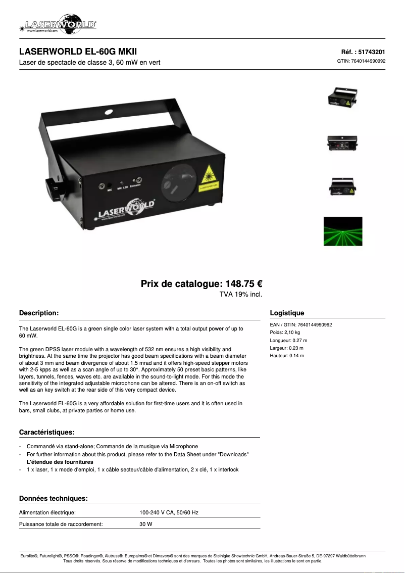 Page 1 de la notice Fiche technique Laserworld EL-60G MKII