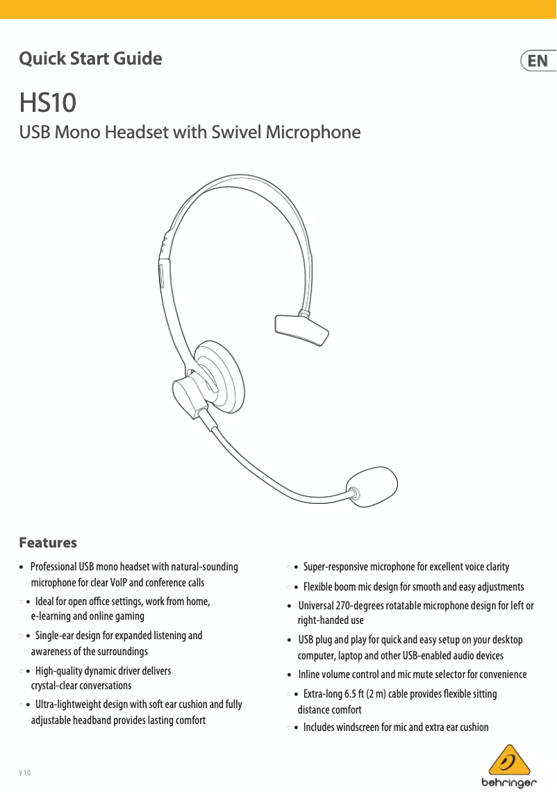 Page 1 de la notice Manuel utilisateur Behringer HS10