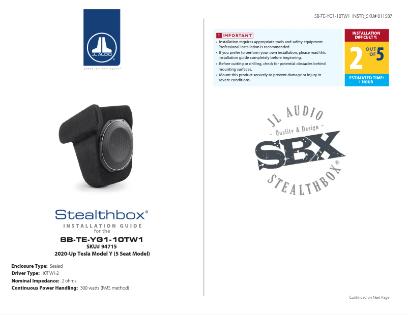 Page 1 de la notice Manuel utilisateur JL Audio Stealthbox SB-TE-YG1-10TW1
