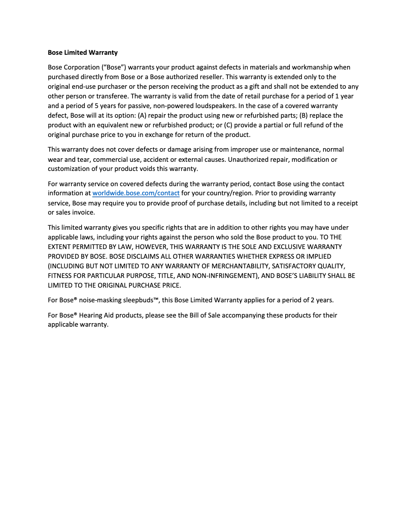 Page 1 de la notice Informations de garantie Bose Portable Home Speaker
