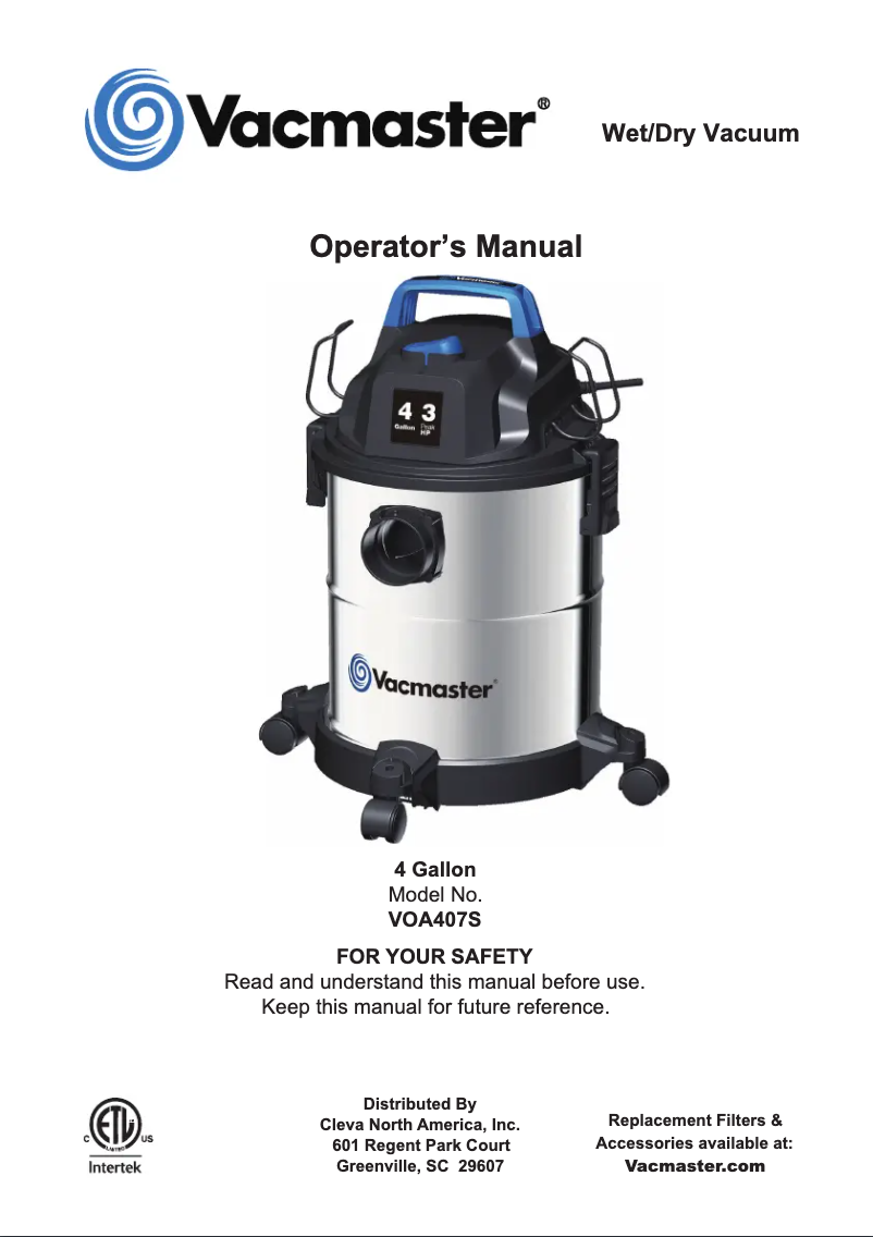 Page n°1 - Manuel utilisateur Vacmaster VOA407S