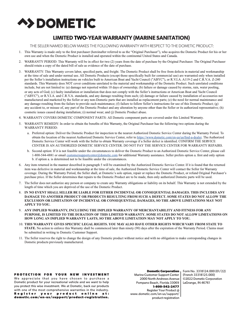 Page 1 de la notice Informations de garantie Dometic M65-700