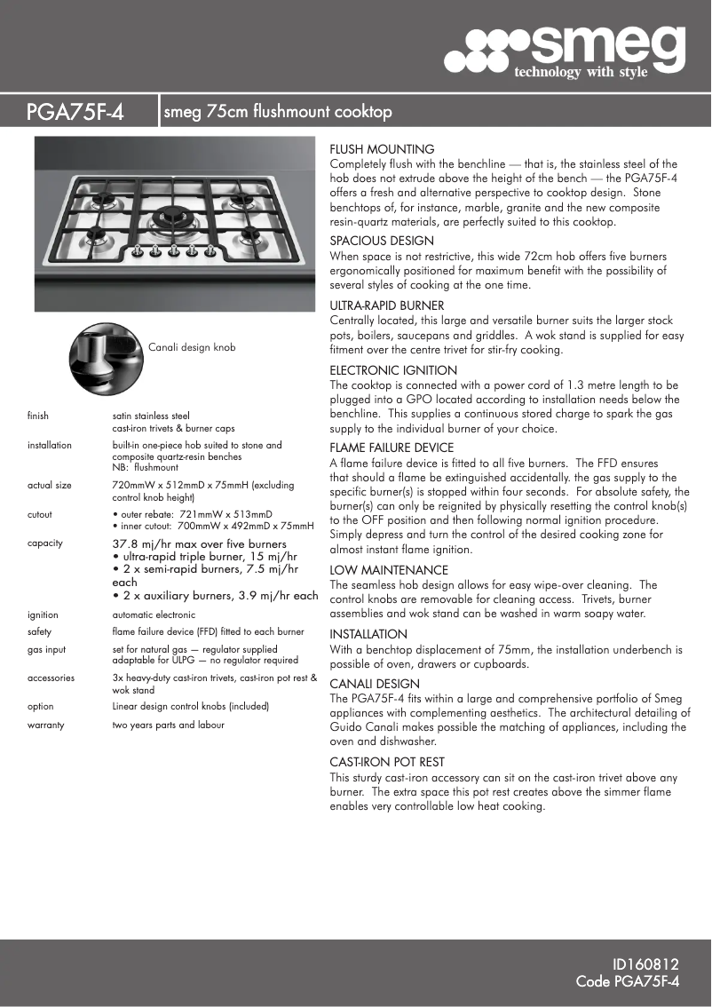 Page n°1 - Fiche technique Smeg PGA75F-4