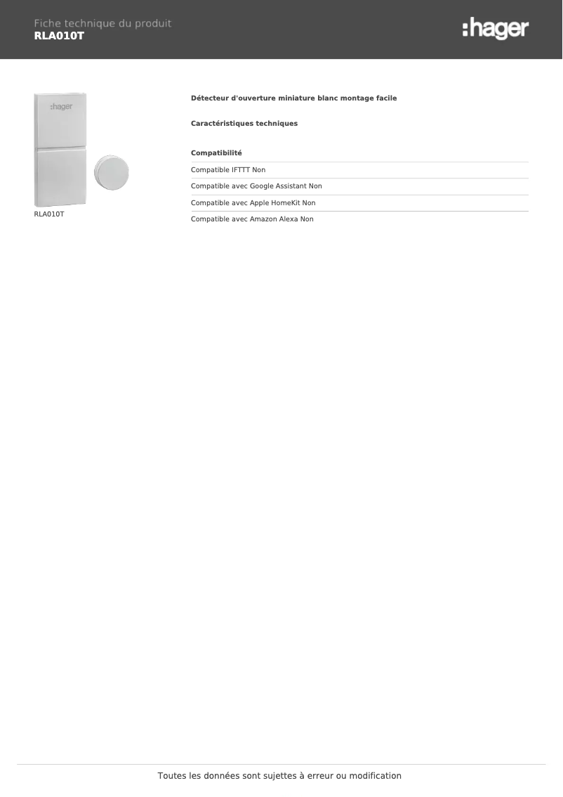 Page 1 de la notice Fiche technique Hager RLA010T