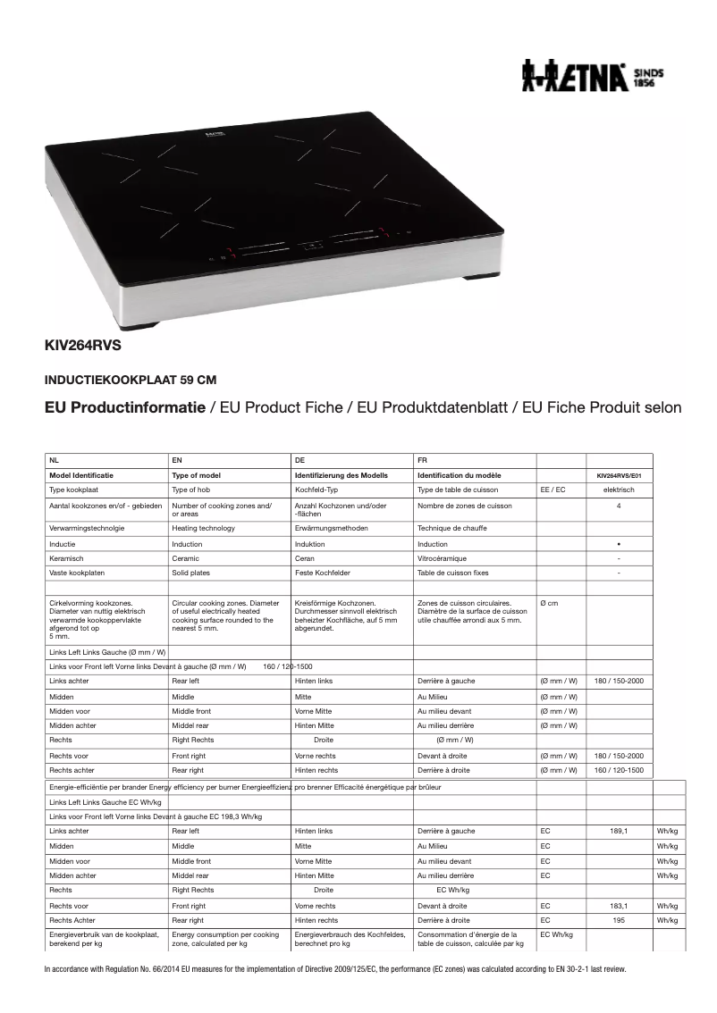 Page 1 de la notice Fiche technique Etna KIV264RVS