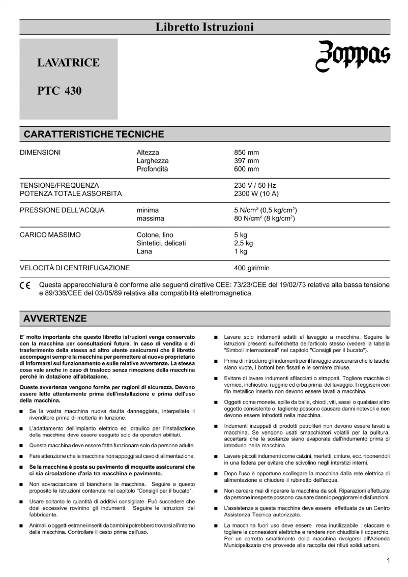 Page 1 de la notice Manuel utilisateur Zoppas PTC430