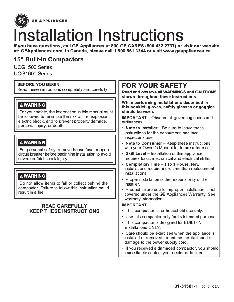Page 1 de la notice Guide d'installation GE UCG1510NII