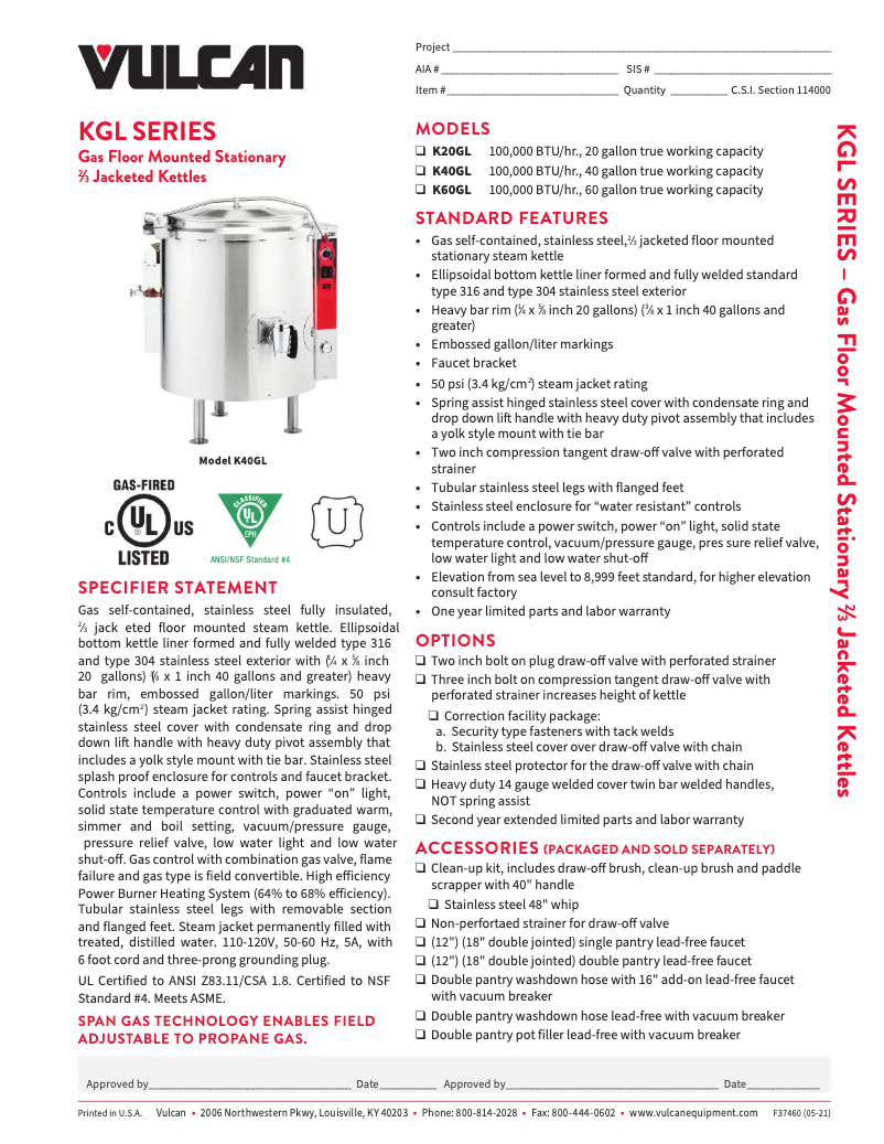 Page 1 de la notice Fiche technique Vulcan K40GL