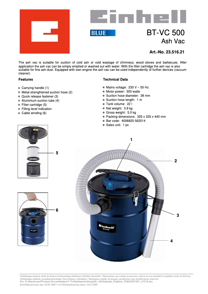 Page n°1 - Fiche technique Einhell BT-VC 500