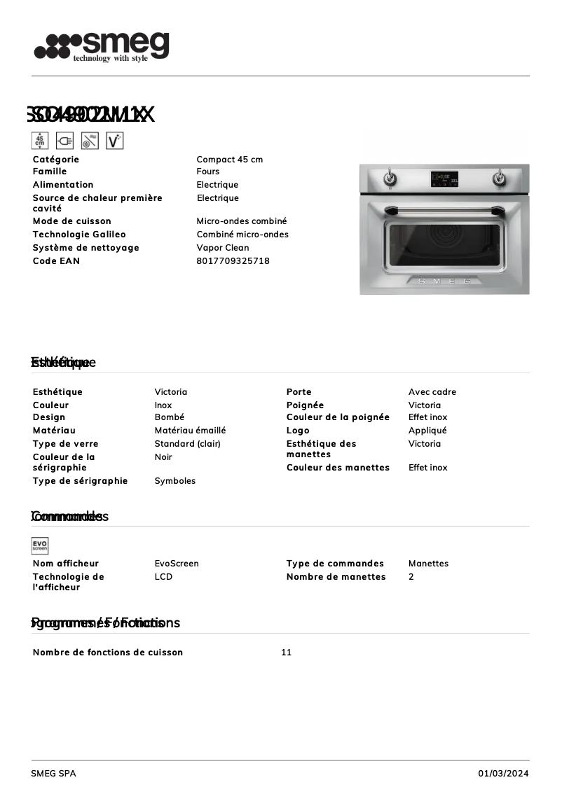 Page n°1 - Fiche technique Smeg SO4902M1X